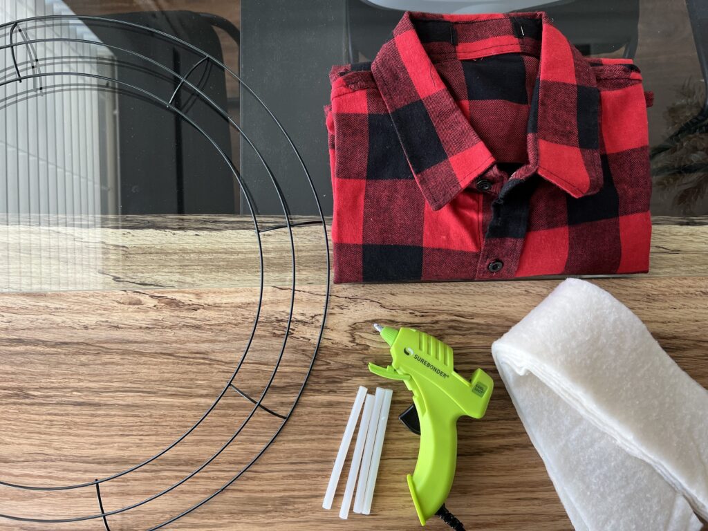 Flannel shirt upcycle wreath supplies